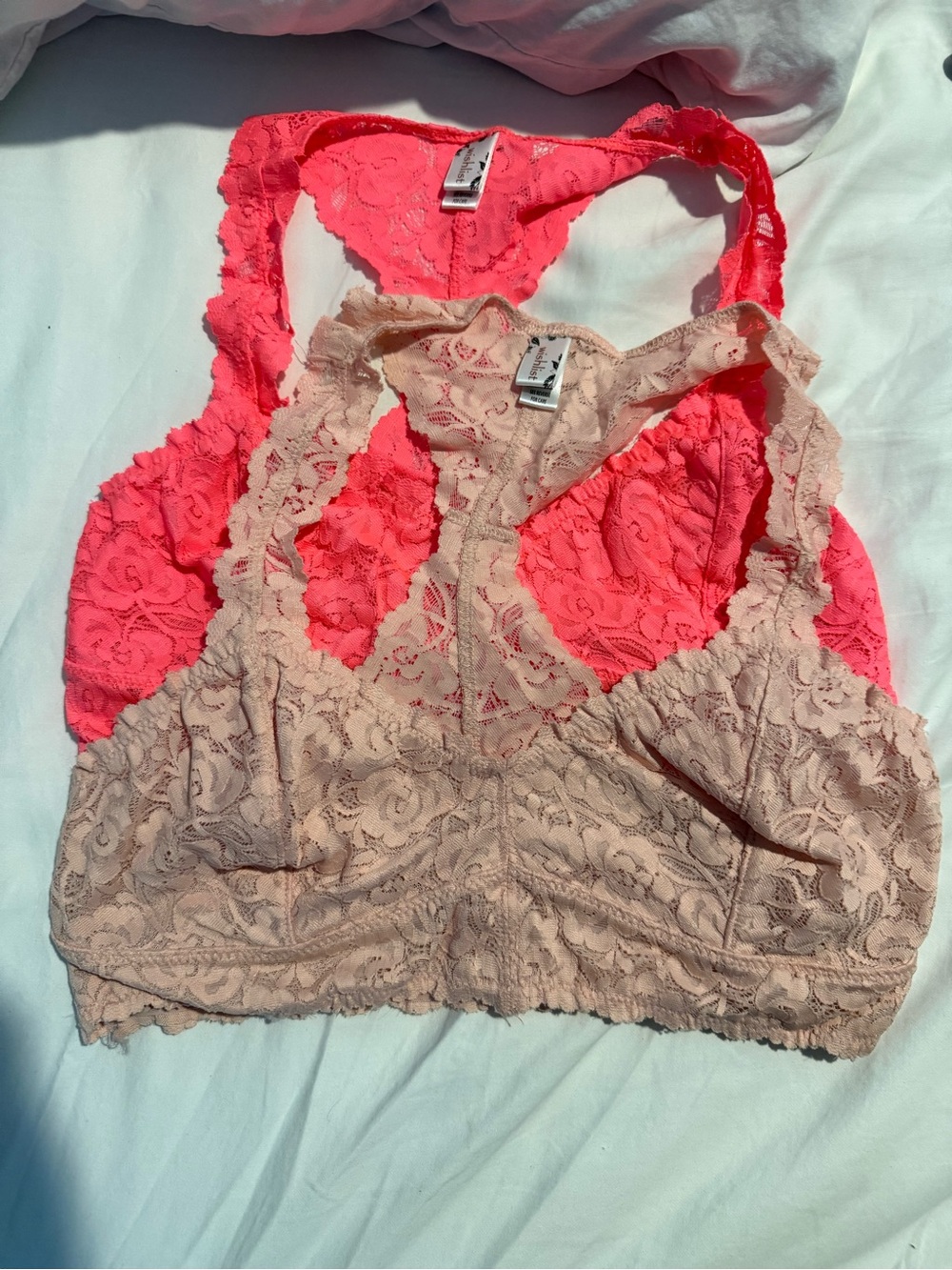 Wishlist Lace Racerback Bralettes in Neon Coral and Nude